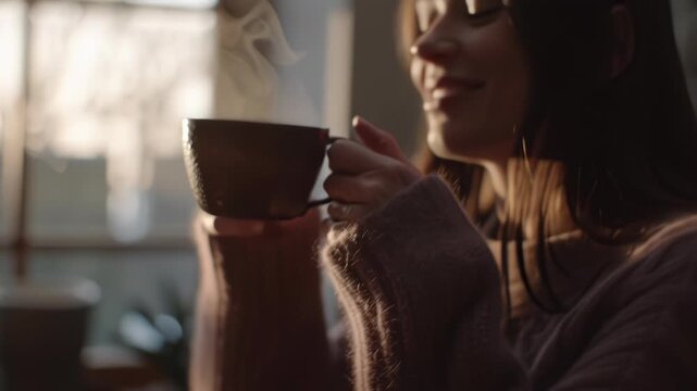 Silhouette of a Person Holding a Steaming Cup of Tea by Warm Candlelight.