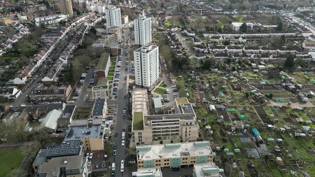 Aerial view from Granville Point, Childs Hill, London NW2, capturing suburban homes and allotments to document the urban landscape.