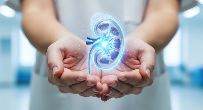 A person in a white lab coat holding a glowing blue kidney