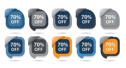 Set of 10 blue, grey, and orange 70% OFF discount sale tags vector