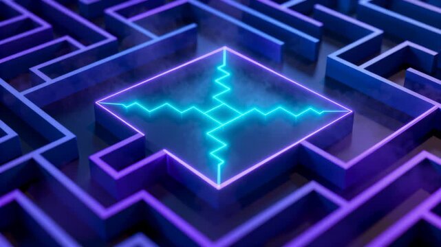 Grid lighting in neon maze sparking raised neon platform tracing cyan path, forming magenta zigzag