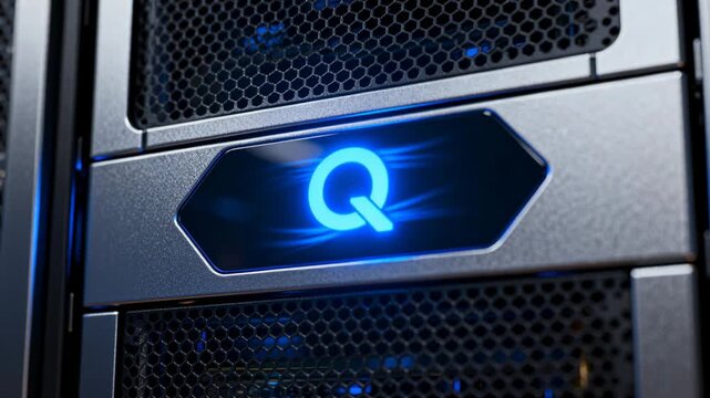 Pulsing Q emblem glowing on front bezel after status LED pulse, indicating activity in server rack
