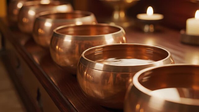 A Row Of Lined Copper Singing Bowls Filled With Water On A Wooden Surface With Soft Candle Light In The Background Creating A Serene And Meditative Atmosphere