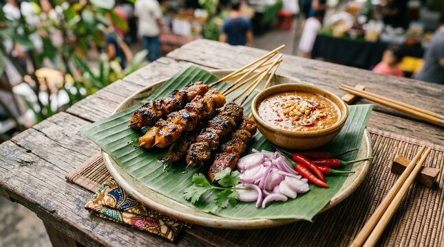 Delicious Chicken Satay Skewers with Peanut Sauce and Chili on Banana Leaf