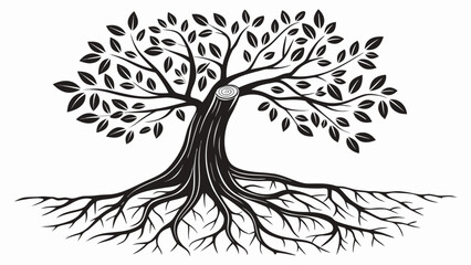 Obraz premium A minimalist black and white vector illustration of a tree with exposed roots and leafy branches on a plain background
