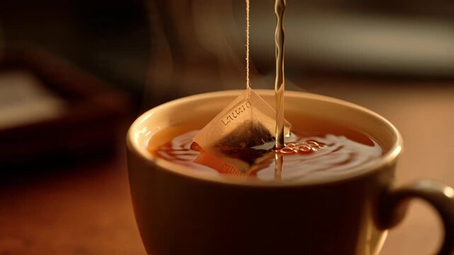 Steaming Hot Water Pouring into a Ceramic Cup with a Pyramid Tea Bag and Gentle Rising Vapor.
