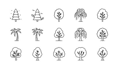 Fototapeta premium A set of minimalist tree icons in a simple line art style
