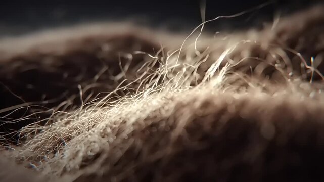 Cinematic close-up of sustainable fabric fibers in a textured environment