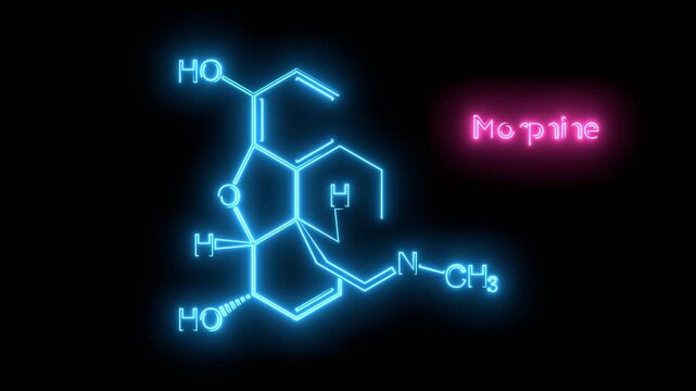 Morphine chemical formula. Morphine chemical molecular structure. Neon glowing.