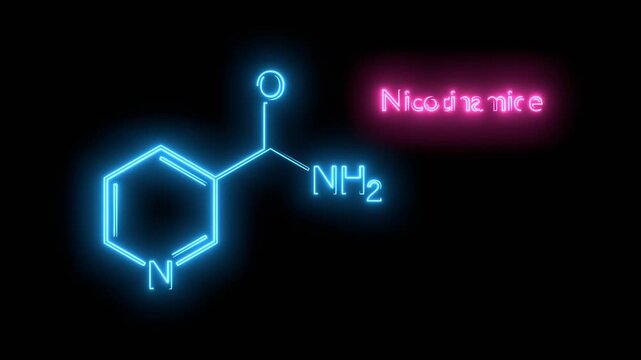 Nicotinamide or niacinamide molecule. It is vitamin B3 found in food, used as a dietary supplement. Structural chemical formula. Neon glowing.