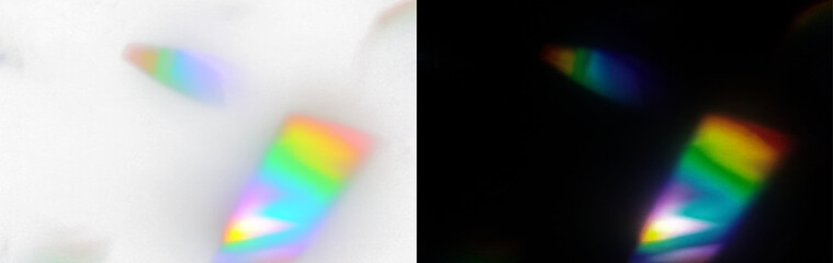 Glowing rainbow light crystal prism refraction spectrum glass diamond optical lens reflection flare sparkle glitter bokeh overlay transparent colorful bright background effect PNG.