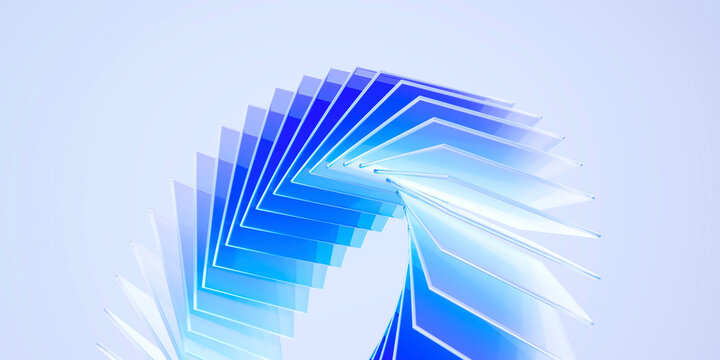 A high-quality 3D rendering of square glass plates arranged in a sweeping abstract curve. on blue translucent background