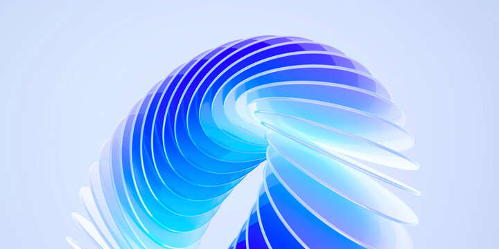3D render of a blue circular glass spiral with a transparent background. abstract geometric background features translucent plates and a soft gradient, perfect for modern tech design, creative concept