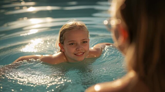 Spotting companion, preteen girl swimming forward and reaching in swimsuit in pool, sun reflections
