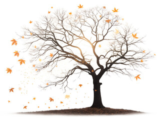 EN: Dramatic autumn tree with falling orange maple leaves isolated on black background.