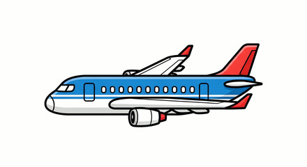 Blue and red airplane flying, cartoon style, isolated on white background