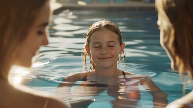 Laughing girl greeting adults smiling while treading chest-high in backyard pool, swimwear glinting