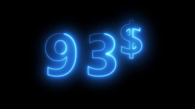 glowing Neon 93 dollar price tag animation motion graphics business, technology, internet and networking concept. 4k video animation on background.