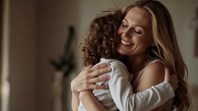 Lifting mother in tank top cradling child in overalls at home, showing affection near potted plant