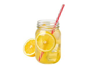 Fototapeta premium refreshing glass jar of lemonade with lemon slices and ice cubes, cold summer drink with straw, healthy and tasty beverage for refreshment, bright citrus flavor, party drink