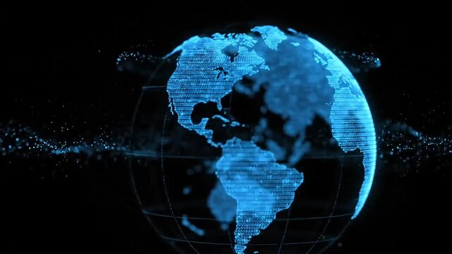 Stunning digital globe with vibrant blue light trails on black background