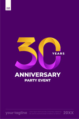 30 years anniversary festive celebration logo vector template gold purple gradient poster dark