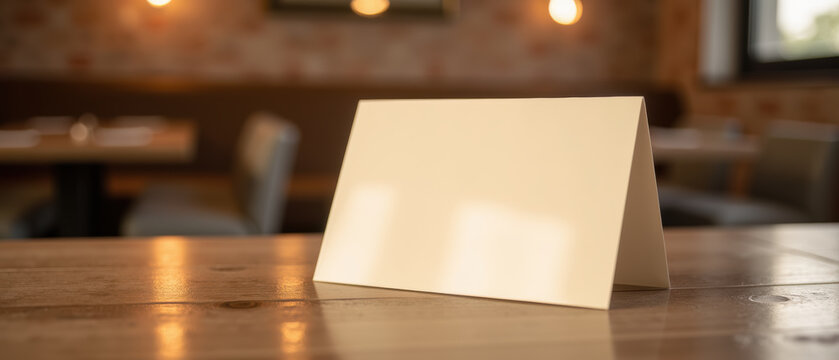 Blank table tent card on wooden restaurant table, warm ambient lighting, cozy dining area, empty card for mockup or message display