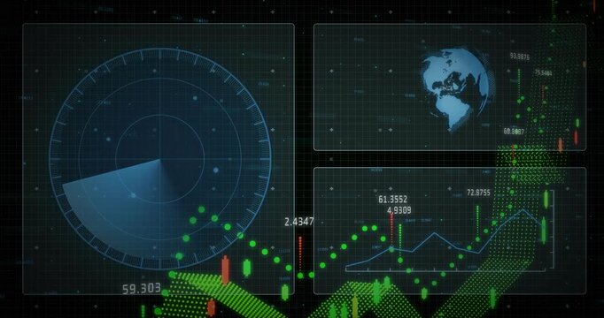 On interface radar rotating sending yellow beam and green dots arching toward globe charting data
