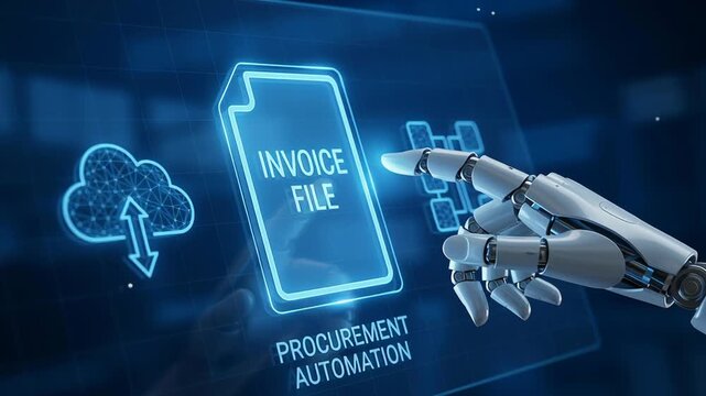 Digital procurement invoice document deals contract management automation with robotic hand pointing virtual file icon screen for invoice file process