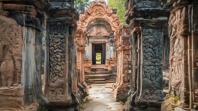 Ornate ancient temple corridor with carved columns and archways
