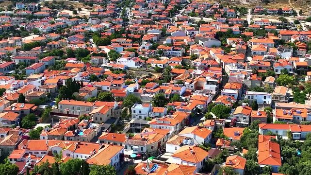 Aerial View of Mytilinii Village on Samos with Red-Tiled Roofs