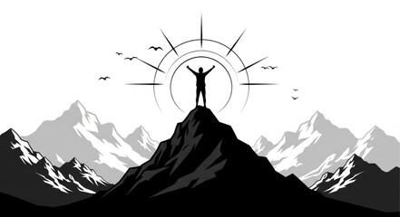 Triumphant figure stands atop mountain peak, arms raised, achieving success and victory. © Kangmas