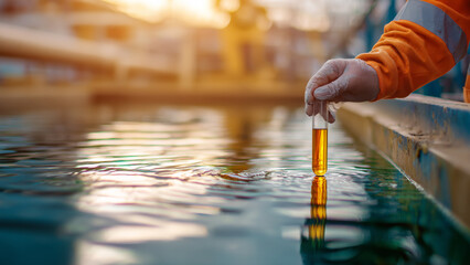 Obraz premium A sewage treatment plant operator testing water sample. Concept of environmental engineering.