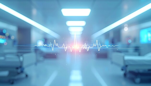 Abstract medical background with glowing heartbeat line in hospital corridor, symbolizing health, technology, and emergency care.
