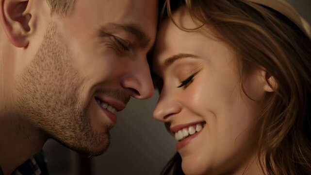 Leaning man and woman inching closer after nose-to-nose contact in cozy room, plaid shirt, lamp