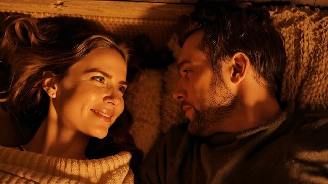 Whispering man in dark top, smiling woman in cream sweater, sharing affection under amber light