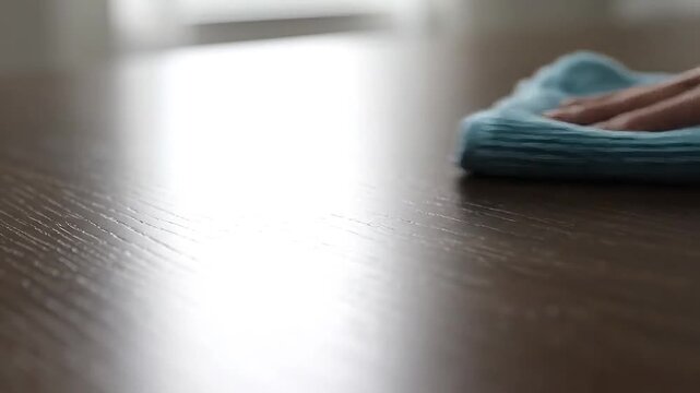 Person cleaning wooden surface with blue microfiber cloth