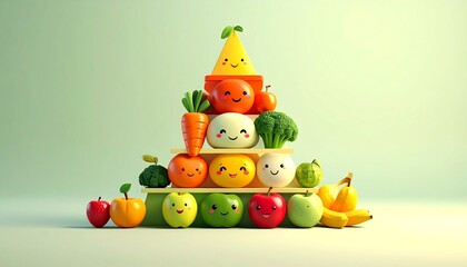 Obraz premium Adorable Food Pyramid with Cute Cartoon Fruits and Vegetables.