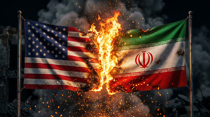 Naklejka na ściany i meble Burning Flags of USA and Iran Symbolizing Conflict and Political Tensions.