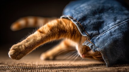 Obraz premium Playful ginger tabby kitten peeking from inside blue denim jeans, soft fur against rough fabric texture.