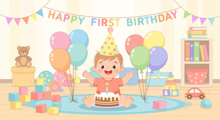 Fototapeta premium Happy First Birthday Celebration with Cute Baby and Cake.