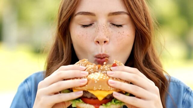 A young woman with red hair and freckles eats a cheeseburger outdoors, showing various expressions from anticipation to satisfaction as she enjoys the meal.
