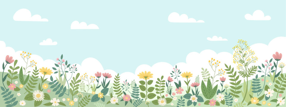 Blooming spring or summer meadow with colorful wild flowers, scenic hand drawn vector countryside panorama