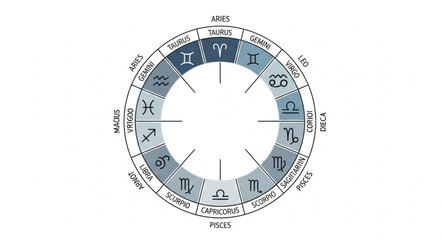 Astrological Zodiac Wheel Depicting Celestial Signs and Symbols. © Rifni