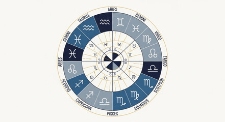 Astrological Zodiac Wheel Depicting Celestial Signs and Symbols.
