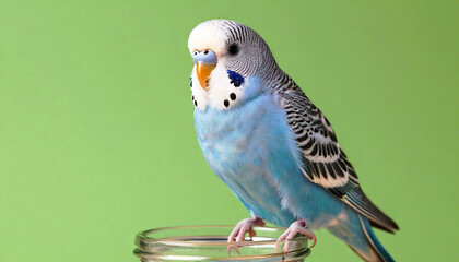 A vibrant budgerigar also known as a parakeet perched on a glass surface