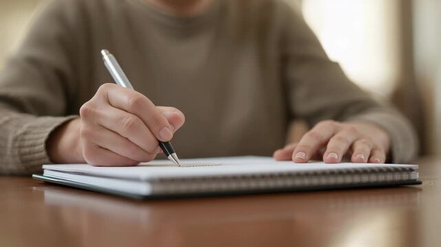 Contacting pen tip to page, adult in beige sweater writing notes at wooden table, spiral notebook