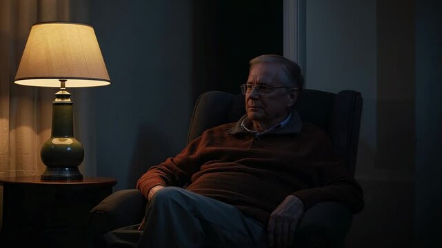 Dozing senior man in maroon sweater and glasses settling into armchair, lamp light lulling at home