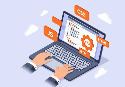Hands typing on laptop with web development code on screen with html, css, js labels