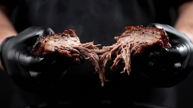 A person wearing black gloves pulls apart tender, cooked beef brisket, releasing steam or smoke, showcasing its juicy, shredded texture against a dark background.